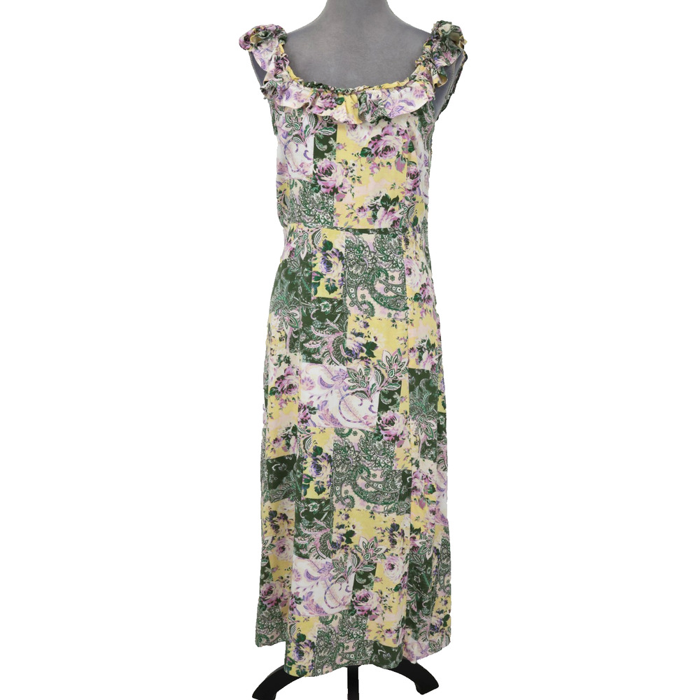 Loft Dress Womens Medium Green Yellow Floral Cotton Rayon Back Zip Ruffle Trim - Picture 13 of 13